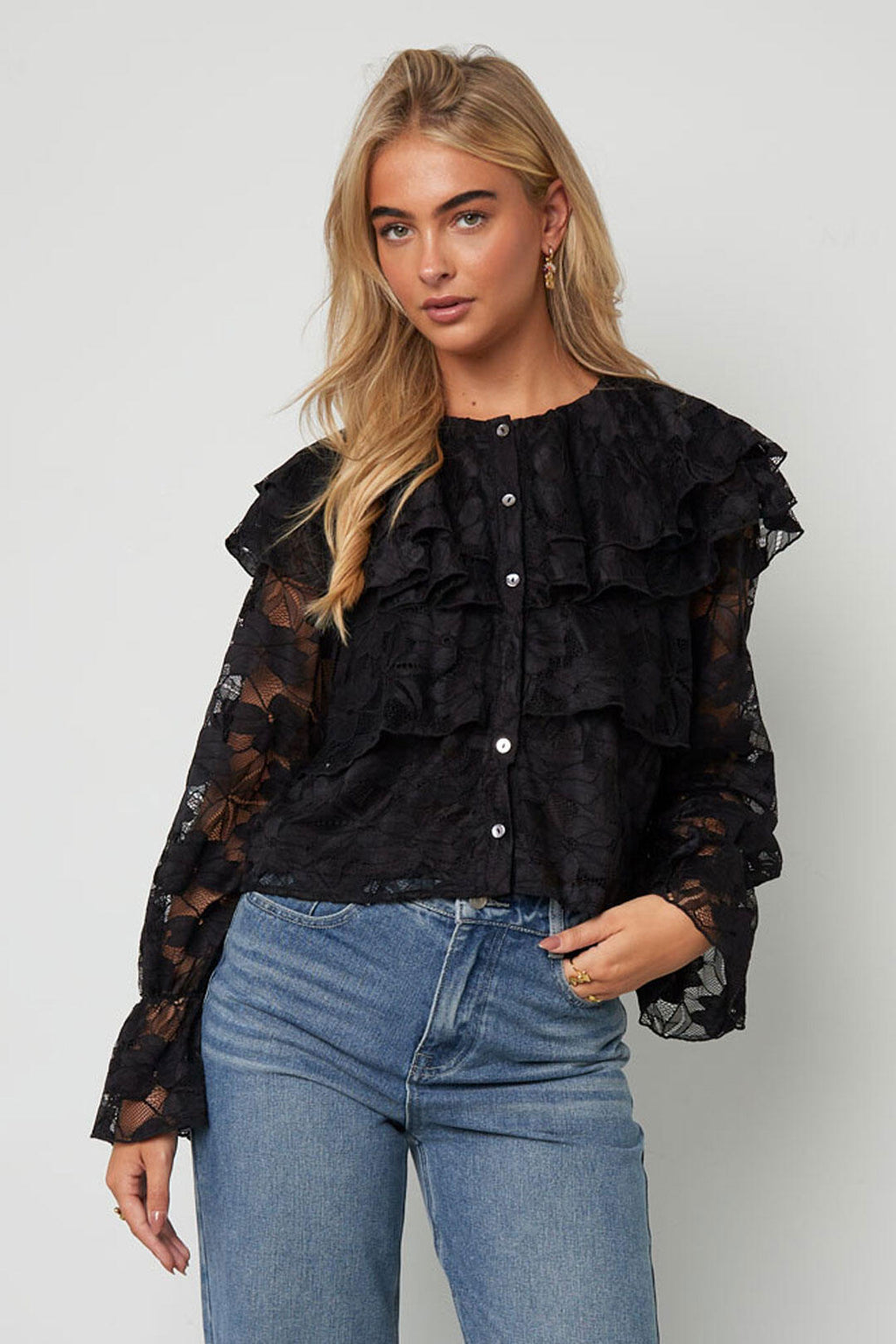Elegant Floral Lace Panel Woven Shirt for Fall/Winter